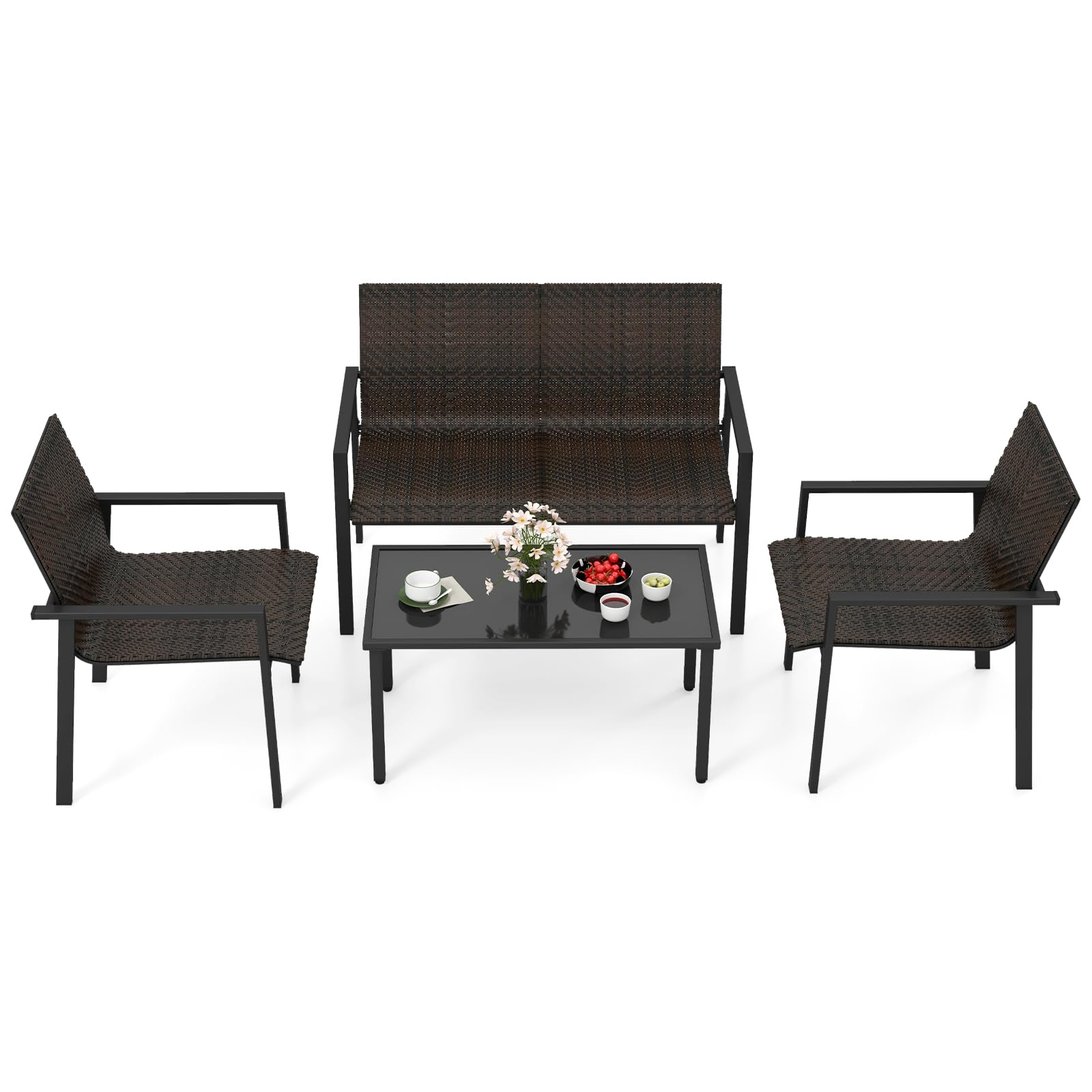 Tangkula Ensemble de mobilier de patio 4 pièces, Patiojoy Cadre en métal galvanisé robuste pour l'extérieur, ensemble table et chaises en osier